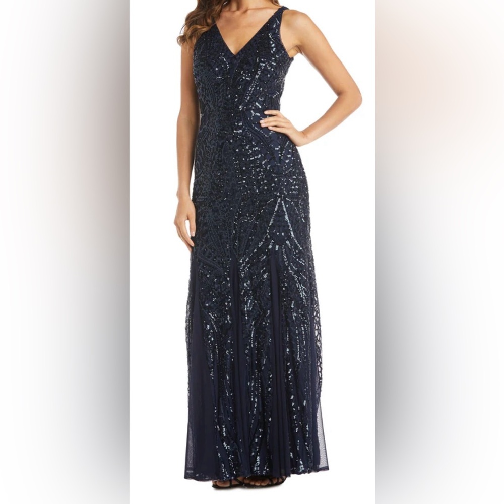 Night Way Collection Navy Blue Long Sequin Gown Mother of the Bride Groom